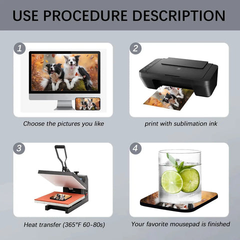 100 Piece Sublimation Coaster Blanks Set 4x4 Inch Square Rubber Base Neoprene Coasters With Thermal Transfer Layer For Sublimation Printing Heat Press DIY Crafts use instructions shown in four steps