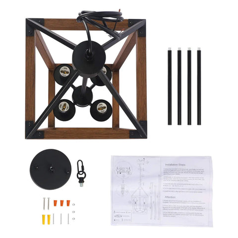 Rustic Farmhouse 4 Light Pendant Chandelier With Imitation Oak Wood Grain, assembly instructions and hardware included