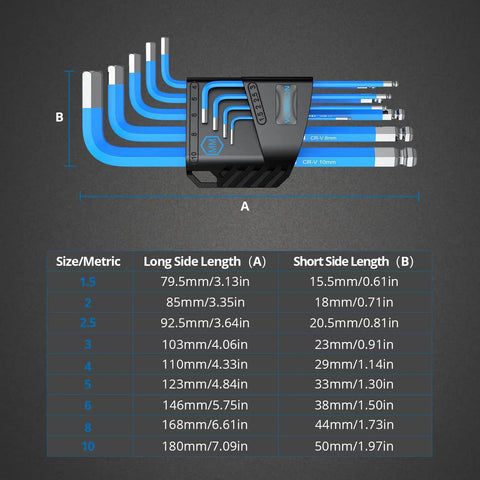 Blue 9 Piece Hex Key Set with Allen Wrenches one point five to ten mm metric long ball end flat end in storage clip view.