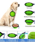 Collapsible green dog bowl with clip, shown in three states: flat, medium, and fully pulled. Durable, non-toxic silicone for space saving.