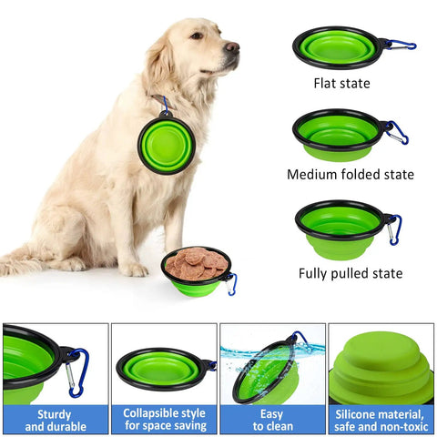Collapsible green dog bowl with clip, shown in three states: flat, medium, and fully pulled. Durable, non-toxic silicone for space saving.