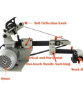 Heavy Gauge 2HP Variable Speed Bench Belt Sander With 2X72 Inch Platform and Three Rugged Grind Wheels for Badass Knife Crafting. Features motor and belt deflection knob.