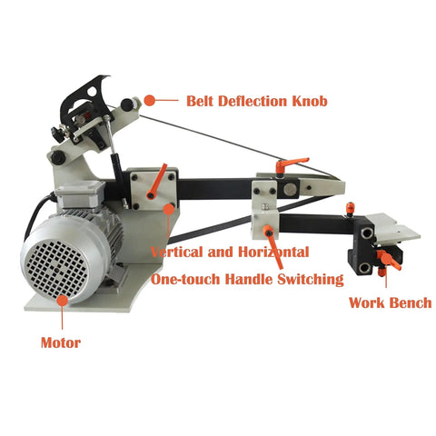 Heavy Gauge 2HP Variable Speed Bench Belt Sander With 2X72 Inch Platform and Three Rugged Grind Wheels for Badass Knife Crafting. Features motor and belt deflection knob.