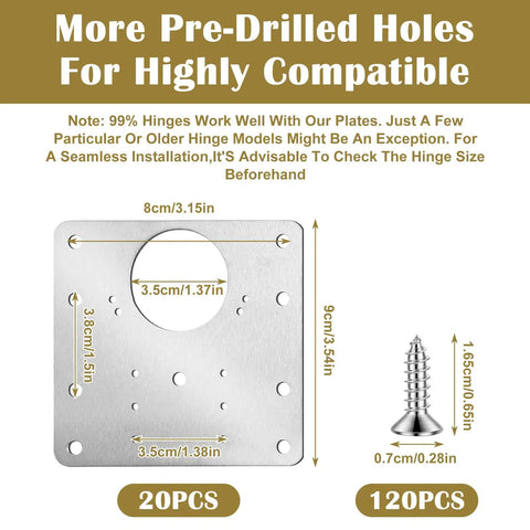 20-Piece Upgraded Cabinet Hinge Repair Plate Kit, heavy-duty stainless steel plates with pre-drilled holes, includes screws.