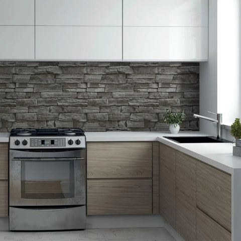 Modern kitchen with brick stone backsplash and sleek wooden cabinets