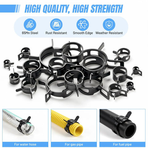 400-Piece Spring Hose Clamp Set 6-35mm With Pliers, 20 Sizes, showing black clamps on hoses for water, gas, and fuel pipes.