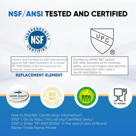 NSF/ANSI certification badges for Three Pack Replacement Water And Air Filter Kit For LG Fridges LT800P LT800PC ADQ73613402 46-9490.