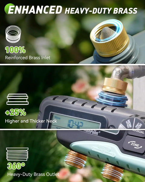 Three Zone Lawn Water Timer With Brass Inlet And Outlet, Independent Scheduling For Each Zone, IP65 Waterproof Sprinkler Timer