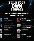 Build Your Own Simplex with interchangeable impact inserts chart detailing materials and hardness for various hammer models.