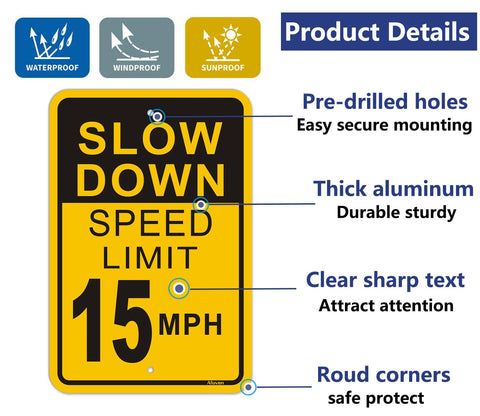 Slow Down Speed Limit 15 MPH Sign 2 Pack Outdoor Aluminum Traffic Sign 12x18 Inch High Visibility Reflective Rust Free Waterproof Easy Mounting for Roads and Driveways with product details