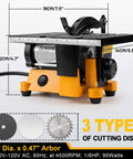 Compact Mini Table Saw With Three Blades 90W Desktop Miter Saw For DIYers And Craft Lovers Cutting Metal Wood Ceramic Tile PCB And Acrylic In Tight Spaces Space Saving Design, shown front view with specifications.