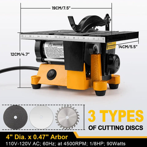 Compact Mini Table Saw With Three Blades 90W Desktop Miter Saw For DIYers And Craft Lovers Cutting Metal Wood Ceramic Tile PCB And Acrylic In Tight Spaces Space Saving Design, shown front view with specifications.