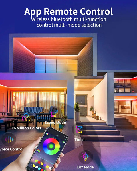 Color Changing 50ft RGB LED Strip Lights With Bluetooth Music Sync Remote Control Waterproof Outdoor for Patio Decor