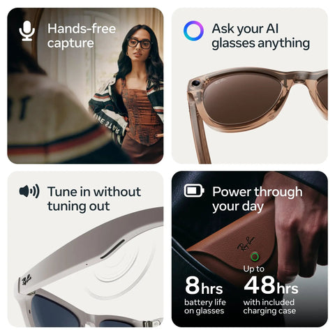 Collage of Gen 2 Headliner Smart AI Glasses with 3K Ultra HD Video, showing design, clear lenses, and battery case.