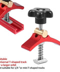 Close-up of T Track Hold Down Clamps Kit 2.68 Inch Long Heavy Duty Aluminum Red for CNC, showing clamp mechanism and T-slot compatibility.