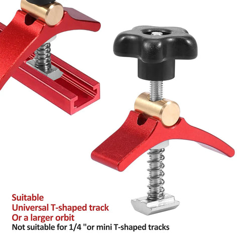 Close-up of T Track Hold Down Clamps Kit 2.68 Inch Long Heavy Duty Aluminum Red for CNC, showing clamp mechanism and T-slot compatibility.