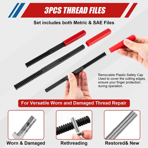 Thread repair kit, 61pc set with taps, dies, thread files and red protective caps for repairing worn threads