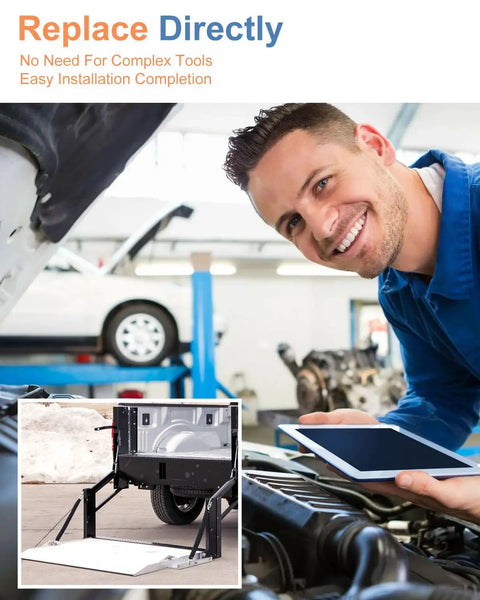 Mechanic examines vehicle with diagram of lift gate, heavy duty extension springs for Tommy Gate lift gates, replaces 000922.