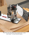 Heavy Duty Flush Trim Router Base Plate Shreds Through Tight Edge Banding Trim Without Breaking A Sweat Mounts Any Shop Router on wood surface.