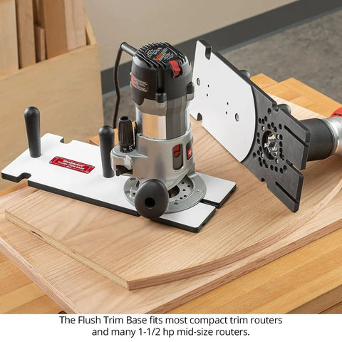 Heavy Duty Flush Trim Router Base Plate Shreds Through Tight Edge Banding Trim Without Breaking A Sweat Mounts Any Shop Router on wood surface.