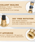 One Quarter Inch Quick Push to Connect Brass Union Tee Fittings with 360° rotation and DOT approval details