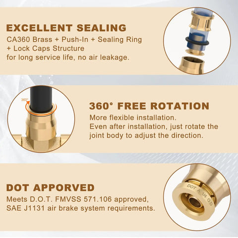 One Quarter Inch Quick Push to Connect Brass Union Tee Fittings with 360° rotation and DOT approval details