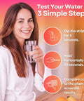 All In One Water Test Kit With 125 Strips For Home Tap And Well Water Quality Check Detects Hardness Lead Iron pH Copper Fluoride Chlorine And More With Fast Easy Accurate Results. Woman holds water glass and test strip
