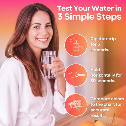 All In One Water Test Kit With 125 Strips For Home Tap And Well Water Quality Check Detects Hardness Lead Iron pH Copper Fluoride Chlorine And More With Fast Easy Accurate Results. Woman holds water glass and test strip