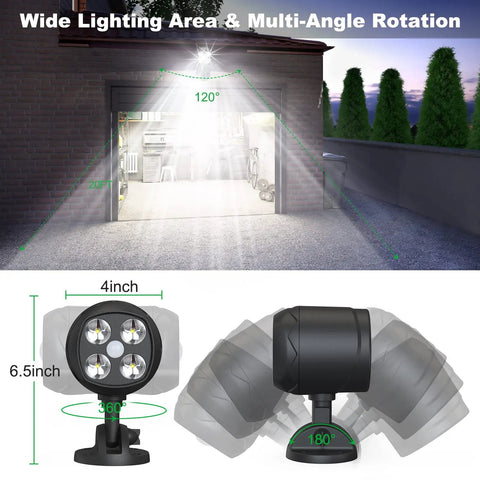 Two Pack Outdoor Motion Sensor Lights With 6000K LED Spotlight Battery Powered 8W 600 Lumen Security Lights for Garage Rotation Demo