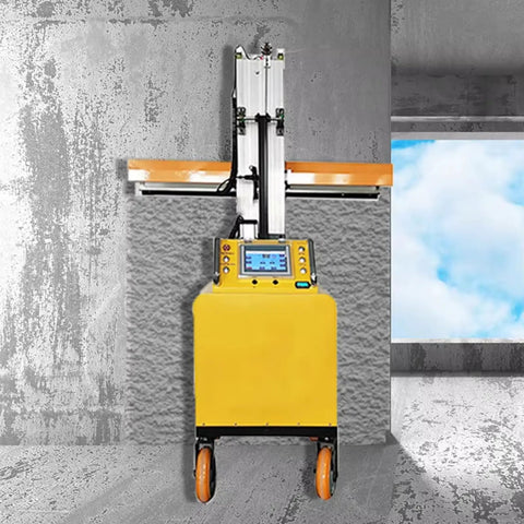 Pro Grade Fully Automatic Wall Plastering Machine For Indoor Mortar Leveling operating on a textured wall with a digital control panel.