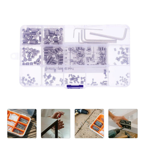 Pro Grade Stainless Steel Socket Grub Screws Set With Allen Head Hex Drive for Door Handles in an organized case with tools visible.
