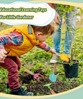 Child using Kids Beach Toy Kit With Scoop Spade Rake Hoe And Leaf Rake Stainless Steel Durable Sandbox Shovel Set Quad Pack for garden play