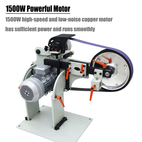 Heavy Duty Variable Speed Belt Sander And Knife Grinder Featuring Wheel Plus Flat Platen Tool Rest For Metal And Wood Polishing 1500W Motor 220V Rock Solid Reversible Workbench close-up of the motor and drive mechanism.
