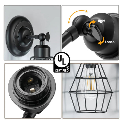 Industrial Wire Cage Wall Sconce Two Pack Vintage Farmhouse Lighting details, UL Certified black metal fixture components.