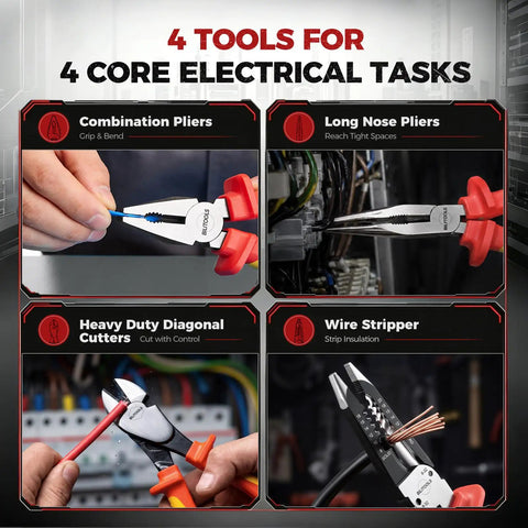 Pro Grade 1000V Insulated Pliers Set For Electricians, 4 Piece Heavy Duty Cr-Mo Tools With 8 Inch Combination Pliers, 8 Inch Needle Nose Pliers, 8 Inch Wire Stripper, And 7 Inch Diagonal Cutters used for wiring tasks