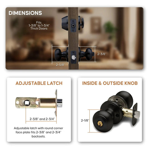 Colonial Door Knob Set With Keyed Alike Deadbolt Black Smudge Resistant Finish Easy Screwdriver Install Concealed Screws Adjustable