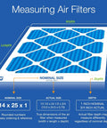 Diagram of Pleated Air Filter 14x25x1 MERV 7 Plus Carbon, Actual Size 13.5x24.5x0.75, showing nominal and actual dimensions.
