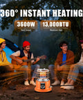 People camping with Go To All In One Propane Heater And Stove Portable near a tent, providing warmth with 13,000 BTU output
