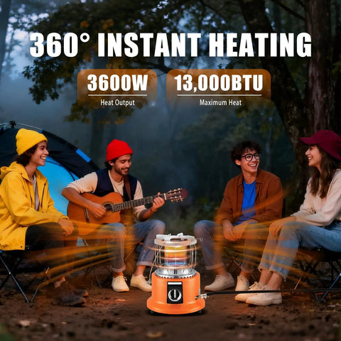 People camping with Go To All In One Propane Heater And Stove Portable near a tent, providing warmth with 13,000 BTU output
