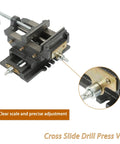 Built Like An Absolute Tank Cross Slide Drill Press Vise With Smooth Dual Axis Compound Movement Crafted From Solid Cast Iron, showing clear scale.