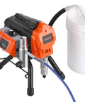 Heavy Duty Stand Airless Paint Sprayer With 1500W Motor And 3300 PSI Pressure, showing motor, hose, and connected paint bucket.