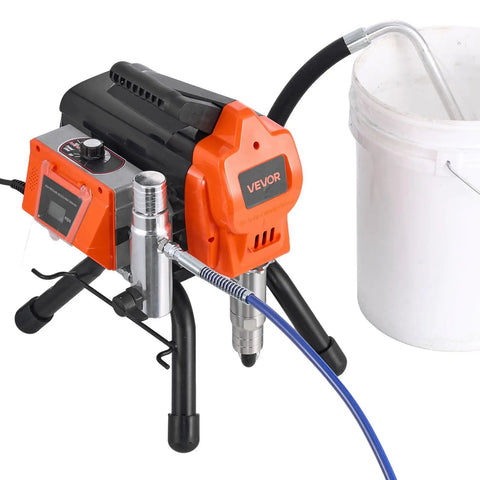 Heavy Duty Stand Airless Paint Sprayer With 1500W Motor And 3300 PSI Pressure, showing motor, hose, and connected paint bucket.