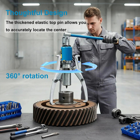Badass Heavy Duty 20 Ton Hydraulic Gear Puller With Case removes a gear in a workshop, 360° rotating handle