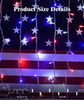 Red White and Blue Battery Operated Outdoor Lights With Timer About Ten Feet Long 30 LED Waterproof For Fourth Of July Independence Day Decorations Garland Patio Or Garden Party Decor Easy Setup displayed over American flag