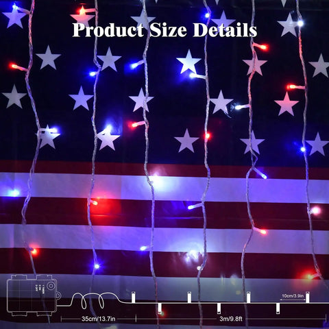 Red White and Blue Battery Operated Outdoor Lights With Timer About Ten Feet Long 30 LED Waterproof For Fourth Of July Independence Day Decorations Garland Patio Or Garden Party Decor Easy Setup displayed over American flag