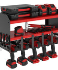 Power Tool Organizer Wall Mount With 5 Drill Slots Storage Rack And Cordless Drill Charging Station Large Garage Tool Storage Shelf For Screwdrivers And Bits Red Pro Grade Heavy Duty
