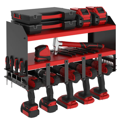 Power Tool Organizer Wall Mount With 5 Drill Slots Storage Rack And Cordless Drill Charging Station Large Garage Tool Storage Shelf For Screwdrivers And Bits Red Pro Grade Heavy Duty