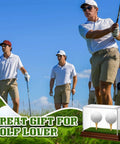 2 In 1 Golf Ball Display Case With Clear Acrylic Cube Stand, Wood Base And Turf Mat, shown with golfers in action, perfect for collectors.