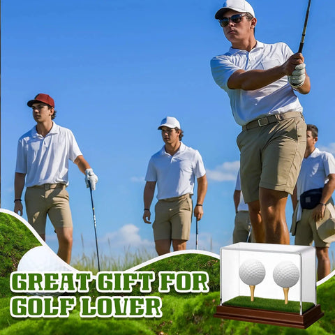 2 In 1 Golf Ball Display Case With Clear Acrylic Cube Stand, Wood Base And Turf Mat, shown with golfers in action, perfect for collectors.