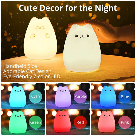 Super Cute Cat Lamp Night Light For Kids Bedroom And Baby Silicone Kitty Nightlight in various colors with tap control